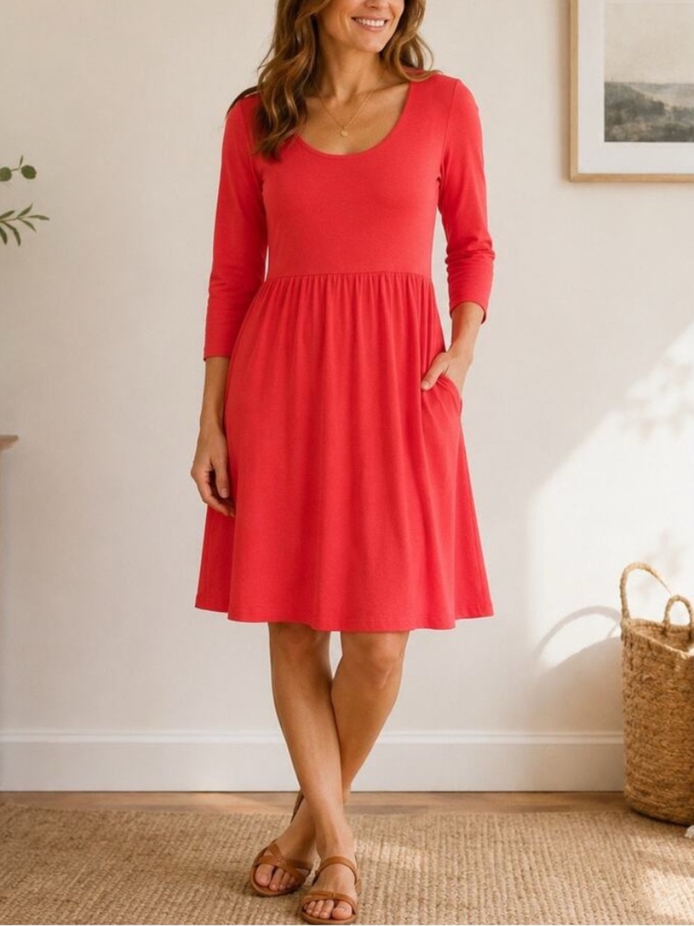 Garnet Hill 3/4 Sleeve Fit & Flare Coral Cotton/Rayon Dress, Size XL